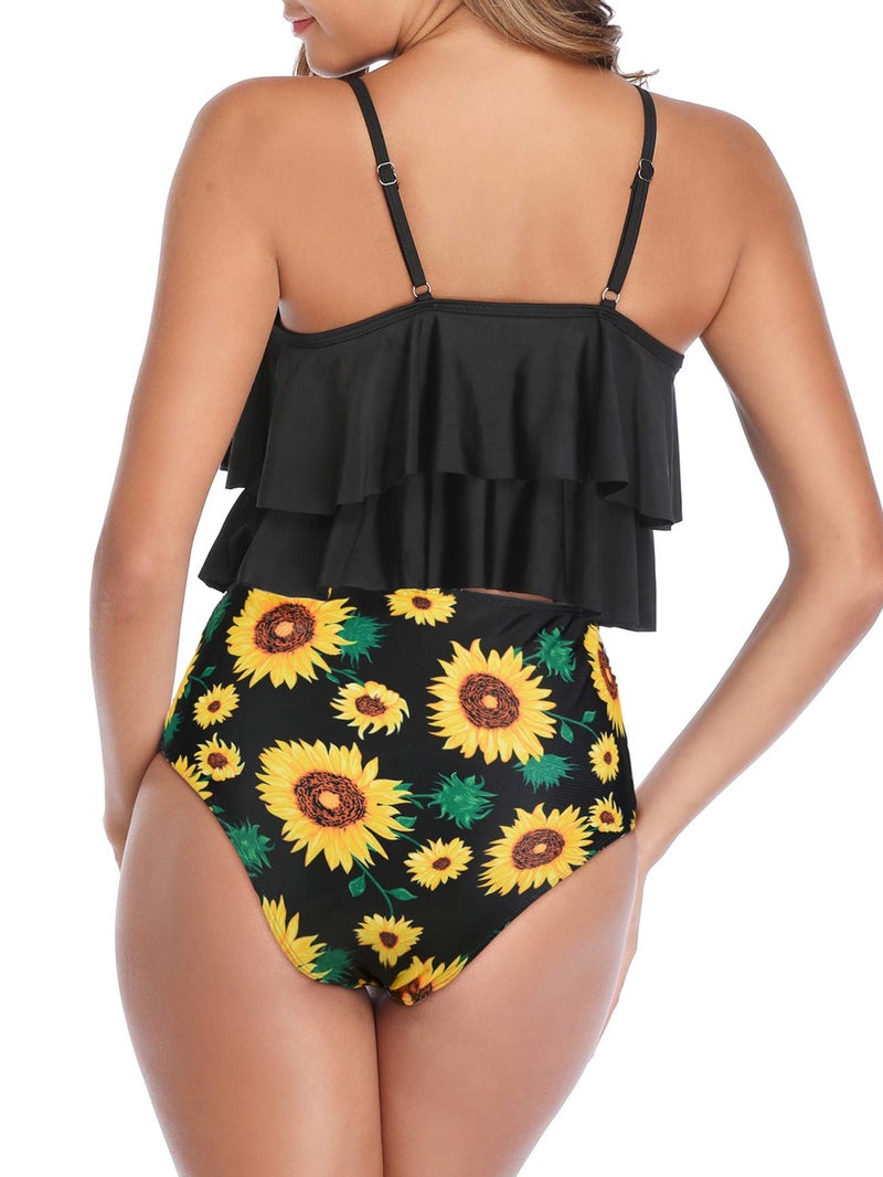 American Trends Womens Tankini Swimsuits High Waisted Bathing Suits Tummy Control Ruffled Top Swimwear Two Piece Swimming Suits 07 Black Sunflower 10-12 - Image 2